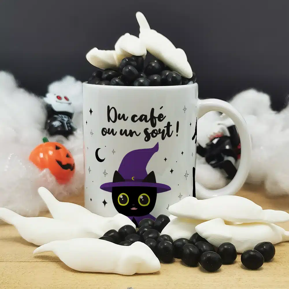 Mug bonbon chat noir – mug Halloween rempli de 10 souris et 100gr de dragibus noir – Image 2