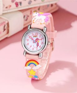 Montre Fille Rose avec Licorne et Arc-en-ciel
