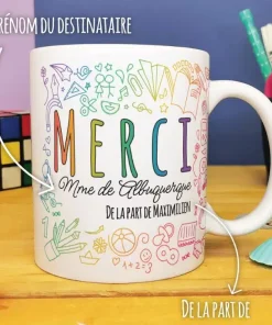 Alternative view of Mug personnalisable – “Merci” – Collection arc-en-ciel – cadeau maitresse, Atsem, Nounou…